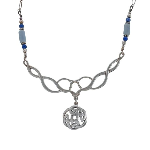 Lapis Lazuli Jadeite Bead Celtic Knot Necklace | Vintage Sterling Silver | 18" - Picture 2 of 7